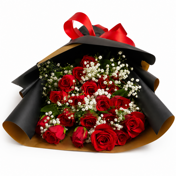 Bouquet de roses rouges avec gypsophile, emballage noir luxe et ruban rouge – SmileMauritius Bouquet de roses rouges avec gypsophile, emballage noir luxe et ruban rouge – SmileMauritius