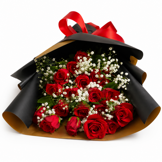 Bouquet de roses rouges avec gypsophile, emballage noir luxe et ruban rouge – SmileMauritius
