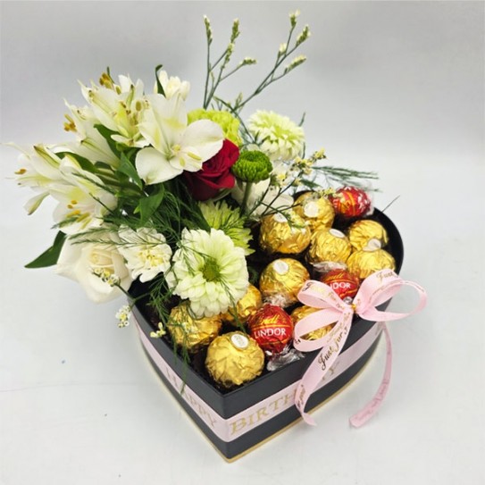 Heart-Shaped Chocolate & Flower Gift Box – Sweetness Meets Elegance