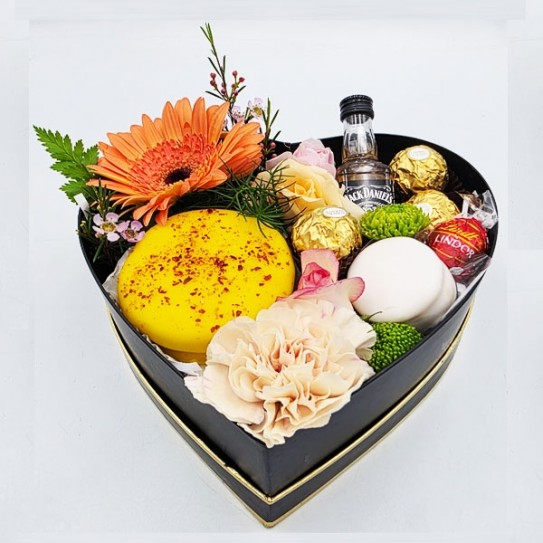 Heart-Shaped Gift Box with Whisky, Chocolates & Fresh Flowers