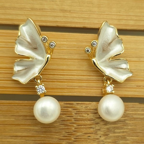 Gold Leaf Drop Earrings with Pearls & Crystals