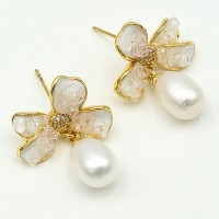 Gold flower earrings with translucent petals and white pearl drops