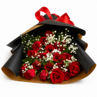 20 red roses bouquet with baby’s breath in luxury black wrap and red ribbon – SmileMauritius