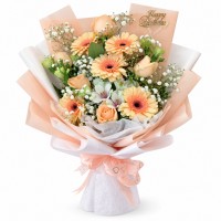 Peach pastel bouquet with roses, gerberas, alstroemeria, carnation,  baby’s breath and white flowers