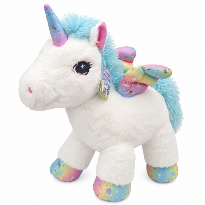 Peluche licorne blanche avec crinière bleue, ailes et détails arc-en-ciel pastel Peluche licorne blanche avec crinière bleue, ailes et détails arc-en-ciel pastel